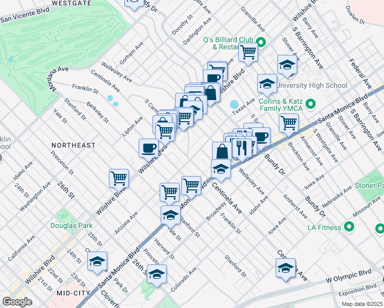 map of restaurants, bars, coffee shops, grocery stores, and more near 12323 Texas Avenue in Los Angeles