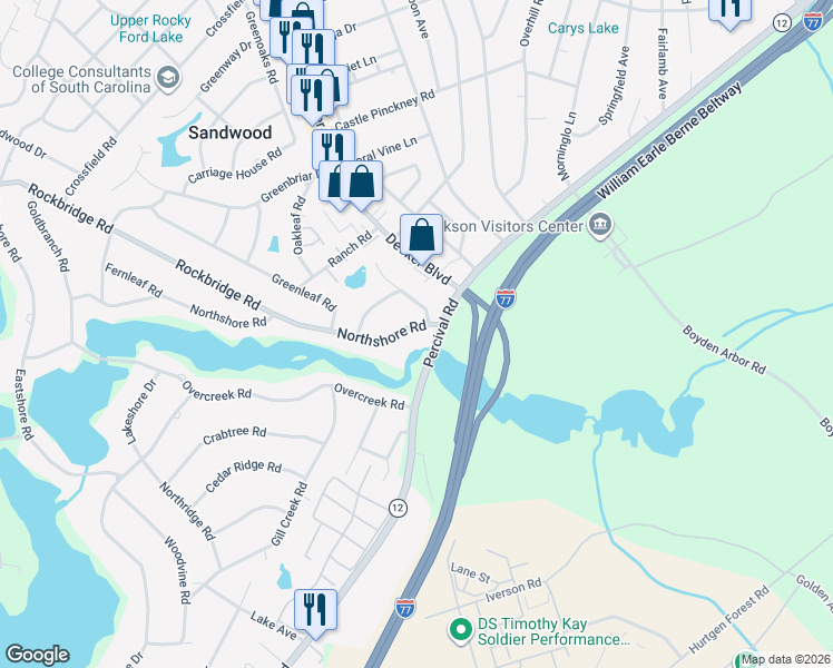 map of restaurants, bars, coffee shops, grocery stores, and more near 3417 Northshore Road in Columbia