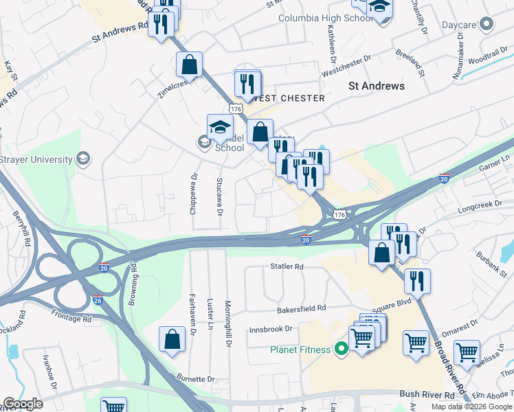 map of restaurants, bars, coffee shops, grocery stores, and more near 222 Old Manor Road in Columbia