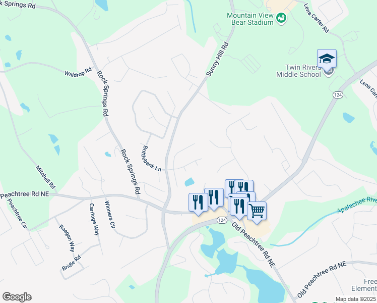 map of restaurants, bars, coffee shops, grocery stores, and more near 2101 Adam Acres Drive in Buford
