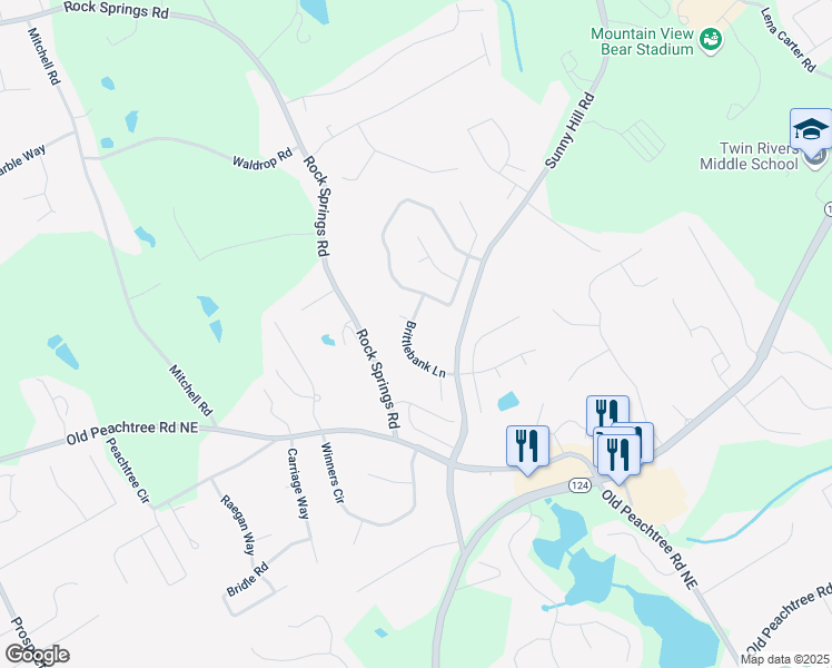 map of restaurants, bars, coffee shops, grocery stores, and more near 1854 Brittlebank Lane in Lawrenceville