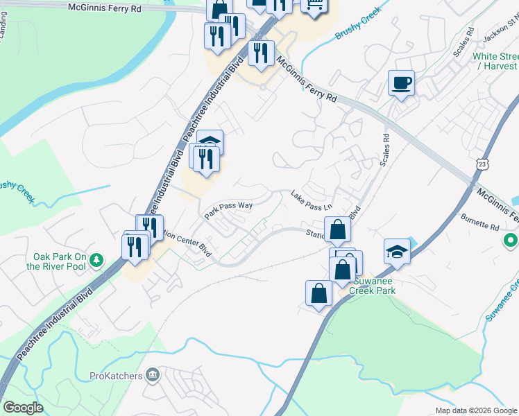 map of restaurants, bars, coffee shops, grocery stores, and more near 1230 Park Pass Way in Suwanee