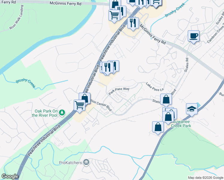 map of restaurants, bars, coffee shops, grocery stores, and more near 1287 Park Pass Way in Suwanee
