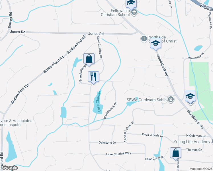 map of restaurants, bars, coffee shops, grocery stores, and more near 645 Brandenburgh Way in Roswell