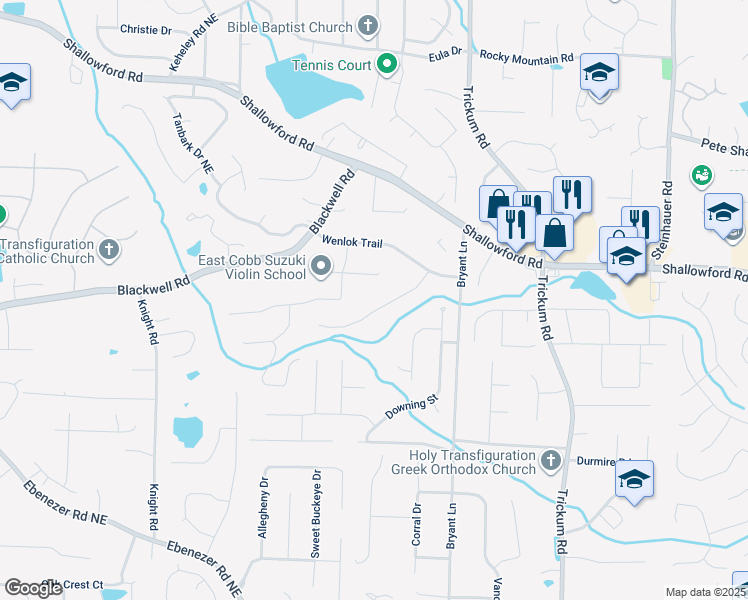 map of restaurants, bars, coffee shops, grocery stores, and more near 2114 Candlewood Court Northeast in Marietta