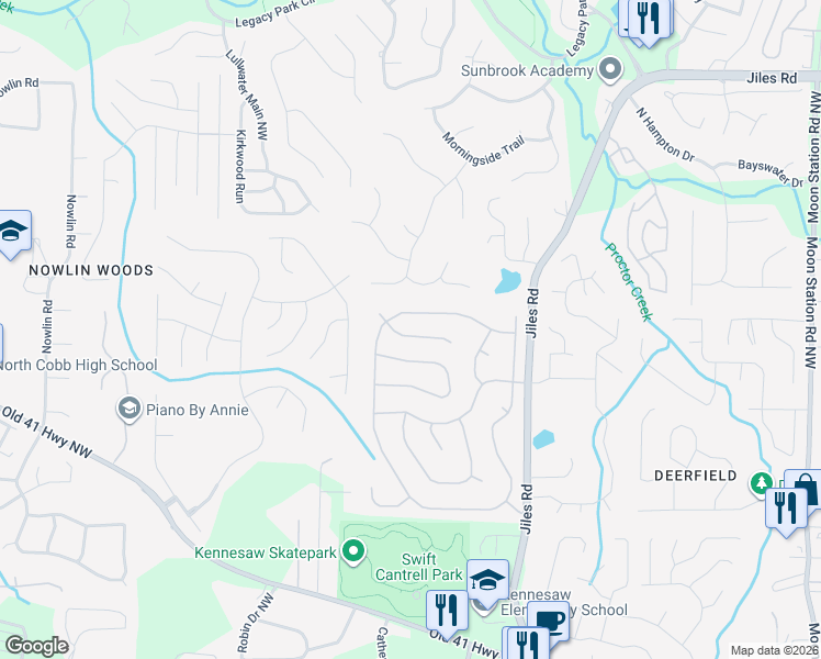 map of restaurants, bars, coffee shops, grocery stores, and more near 2716 Windsor Court in Kennesaw