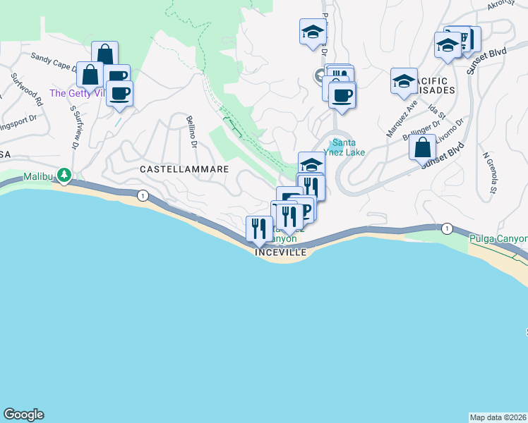 map of restaurants, bars, coffee shops, grocery stores, and more near 17452 Revello Drive in Los Angeles