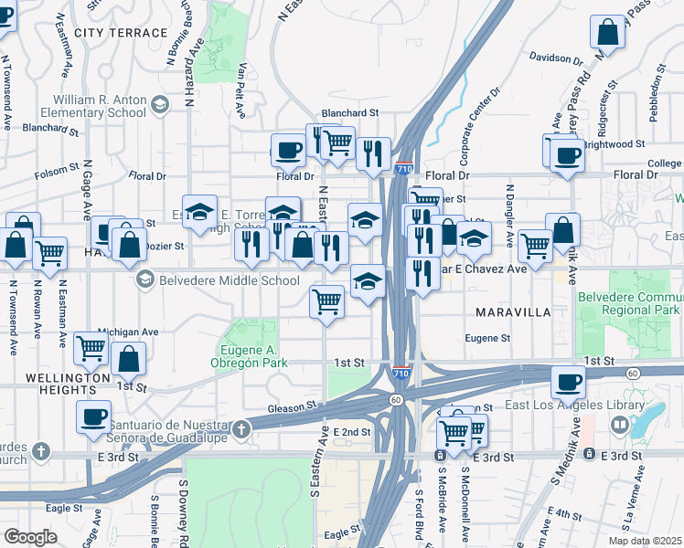 map of restaurants, bars, coffee shops, grocery stores, and more near 4322 East Cesar E Chavez Avenue in East Los Angeles