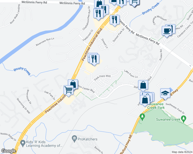 map of restaurants, bars, coffee shops, grocery stores, and more near 1287 Park Pass Way in Suwanee