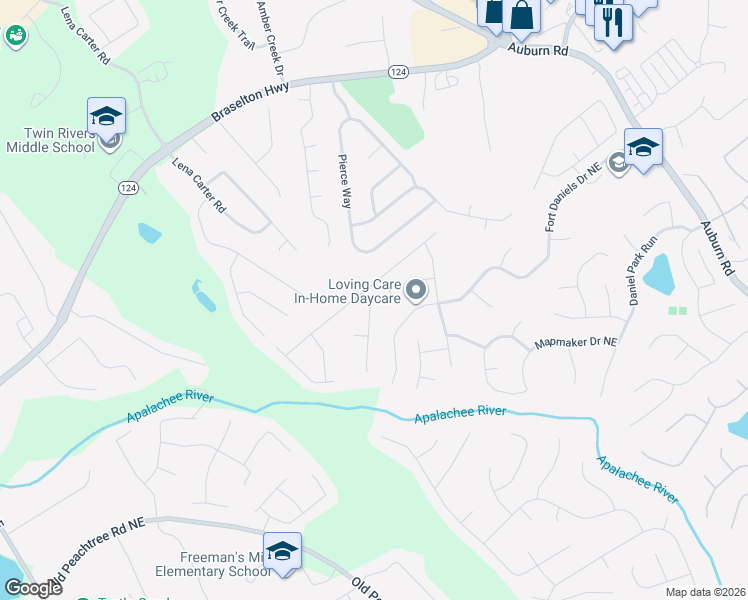 map of restaurants, bars, coffee shops, grocery stores, and more near 1835 Fort Daniels Trail in Dacula