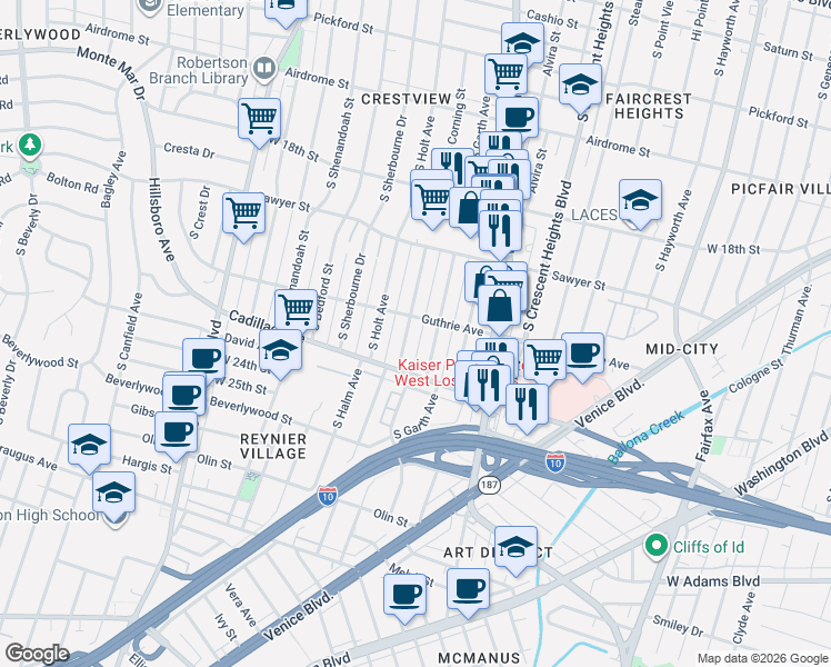 map of restaurants, bars, coffee shops, grocery stores, and more near 2014 South Corning Street in Los Angeles