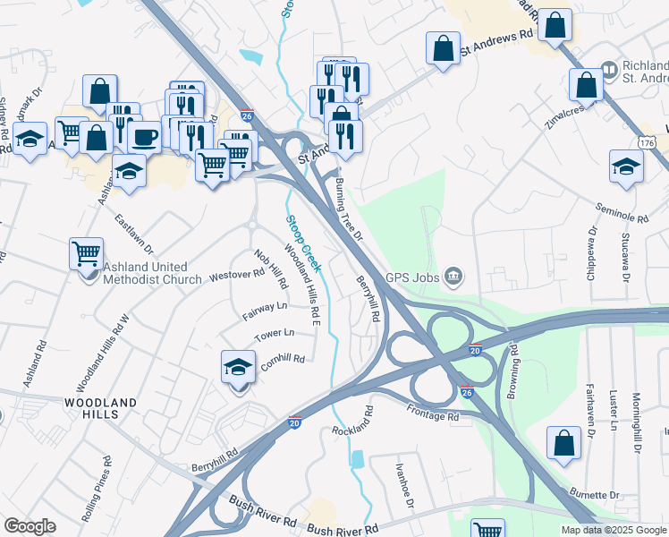 map of restaurants, bars, coffee shops, grocery stores, and more near 18 Berryhill Road in Columbia