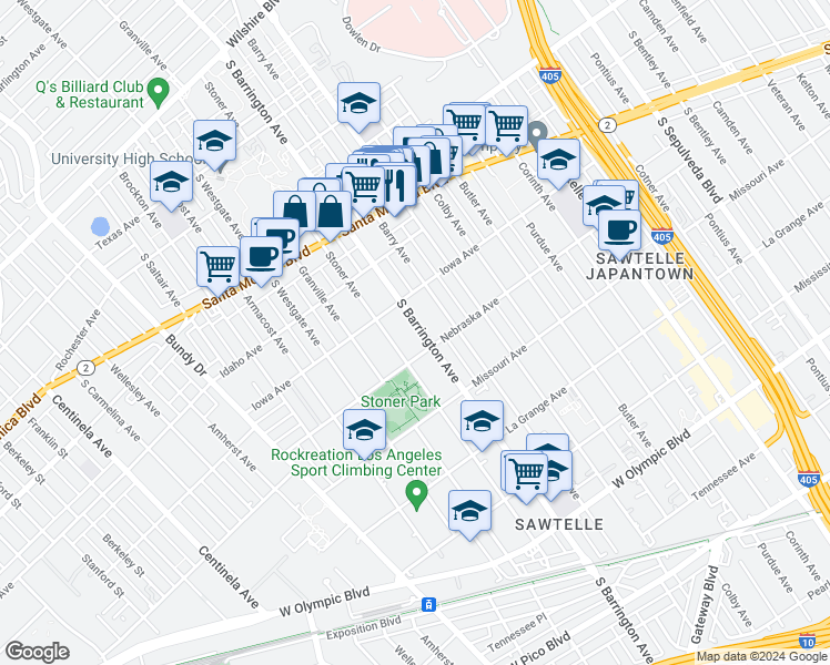 map of restaurants, bars, coffee shops, grocery stores, and more near 1737 South Barrington Avenue in Los Angeles