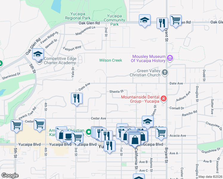 map of restaurants, bars, coffee shops, grocery stores, and more near 34934 Shasta Street in Yucaipa