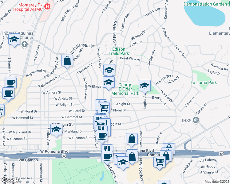 map of restaurants, bars, coffee shops, grocery stores, and more near 2012 South Garfield Avenue in Monterey Park