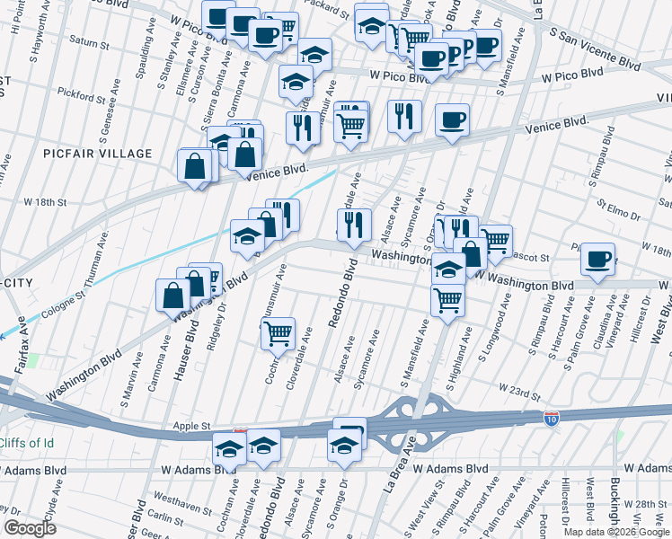 map of restaurants, bars, coffee shops, grocery stores, and more near 5200 Washington Boulevard in Los Angeles