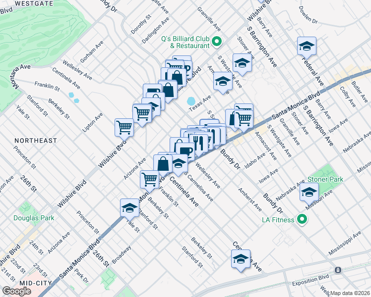 map of restaurants, bars, coffee shops, grocery stores, and more near 1402 Wellesley Avenue in Los Angeles