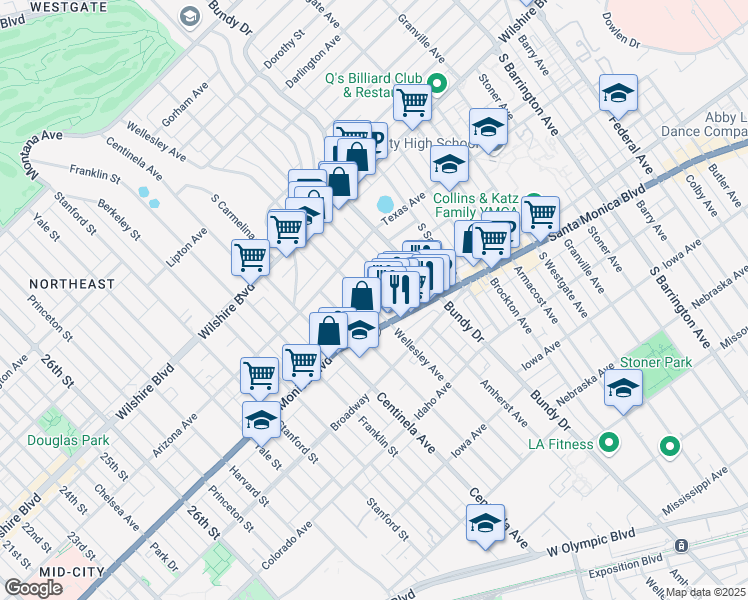 map of restaurants, bars, coffee shops, grocery stores, and more near 1402 Wellesley Avenue in Los Angeles