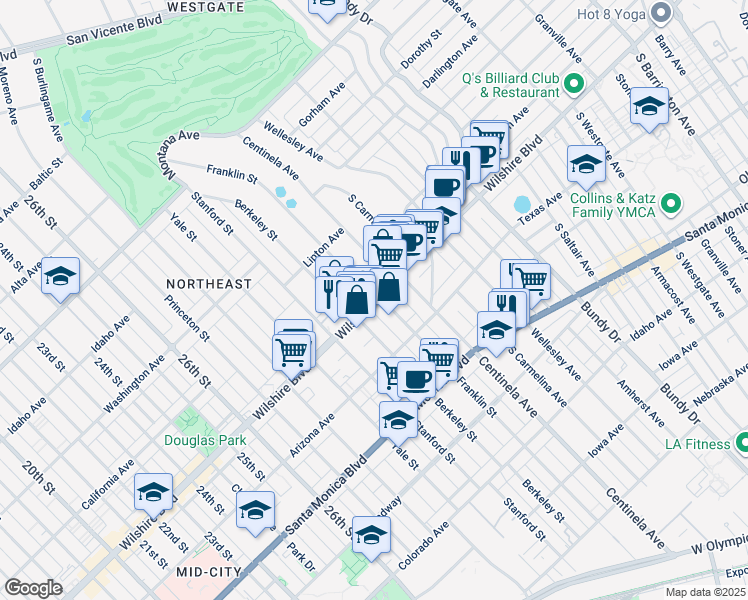 map of restaurants, bars, coffee shops, grocery stores, and more near Wilshire Blvd & Franklin St in Santa Monica