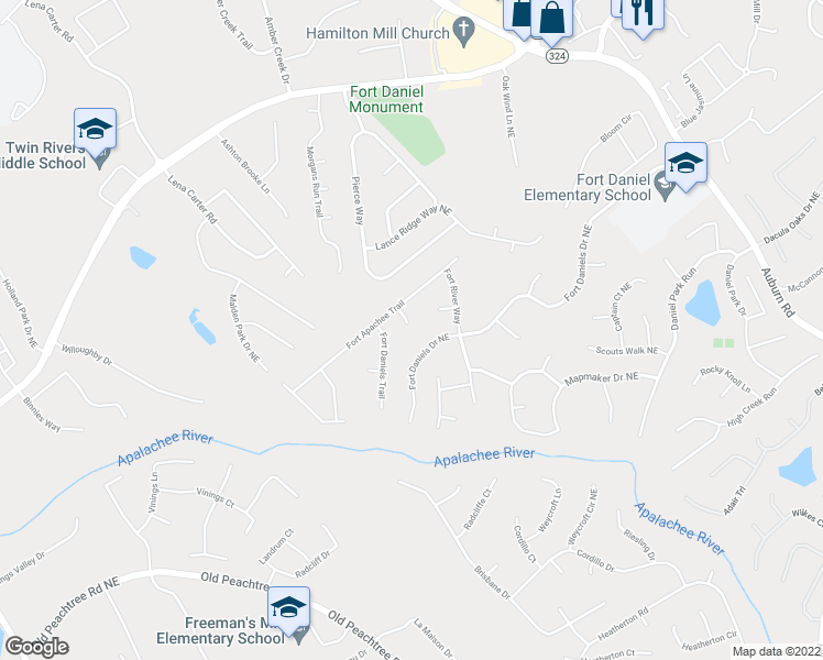 map of restaurants, bars, coffee shops, grocery stores, and more near 1801 Fort River Court in Dacula