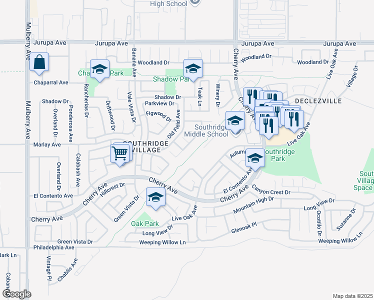 map of restaurants, bars, coffee shops, grocery stores, and more near 14327 Green Vista Drive in Fontana