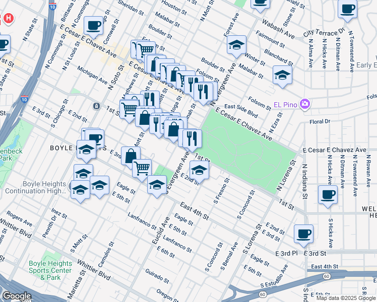 map of restaurants, bars, coffee shops, grocery stores, and more near E 1st St & S Evergreen Ave in Los Angeles