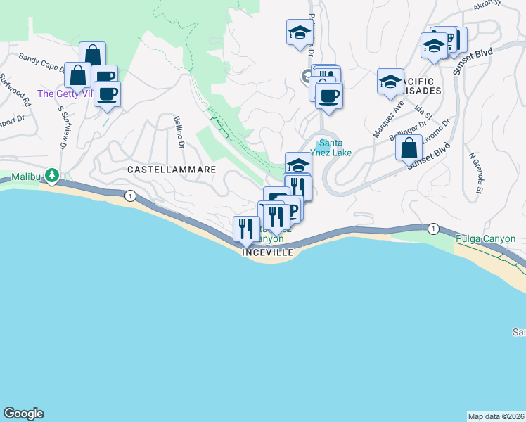 map of restaurants, bars, coffee shops, grocery stores, and more near 17324 Tramonto Drive in Los Angeles