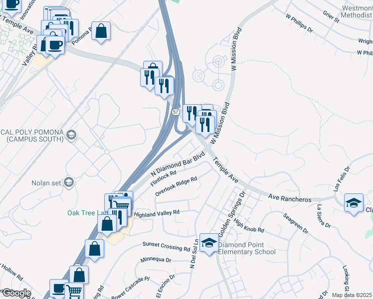 map of restaurants, bars, coffee shops, grocery stores, and more near 1255 North Diamond Bar Boulevard in Diamond Bar