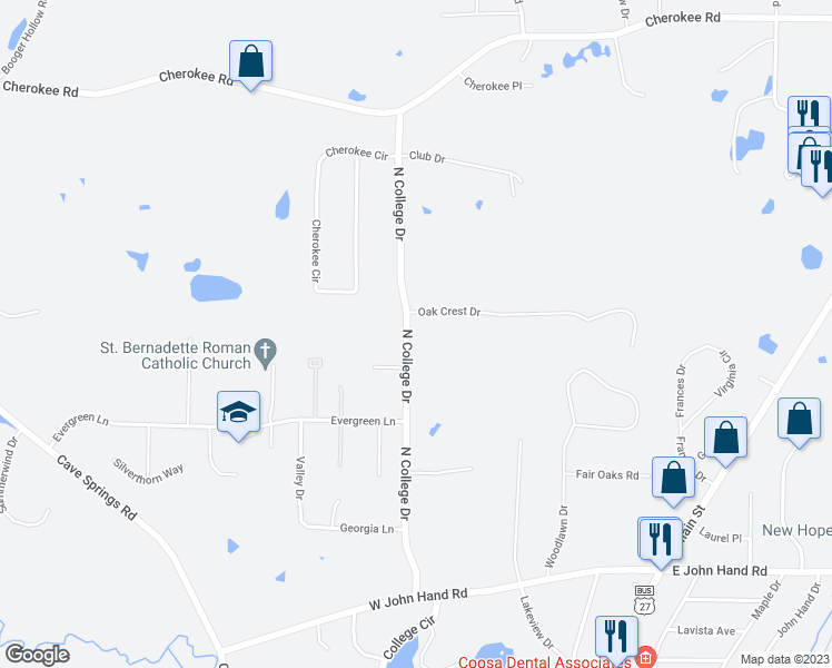 map of restaurants, bars, coffee shops, grocery stores, and more near 736 North College Drive in Cedartown