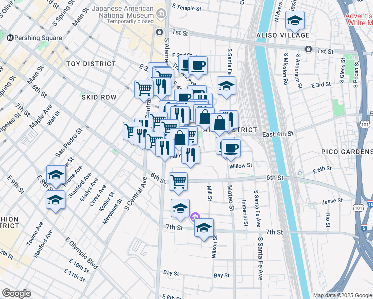 map of restaurants, bars, coffee shops, grocery stores, and more near 518 Colyton Street in Los Angeles