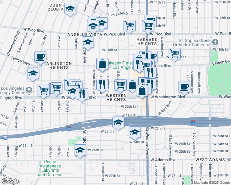map of restaurants, bars, coffee shops, grocery stores, and more near 1843 South Gramercy Place in Los Angeles