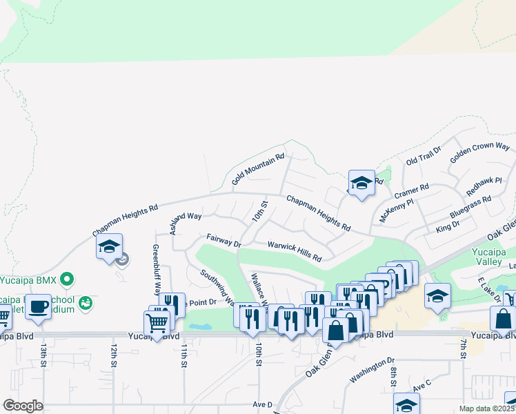 map of restaurants, bars, coffee shops, grocery stores, and more near 11717 Pactfield Place in Yucaipa