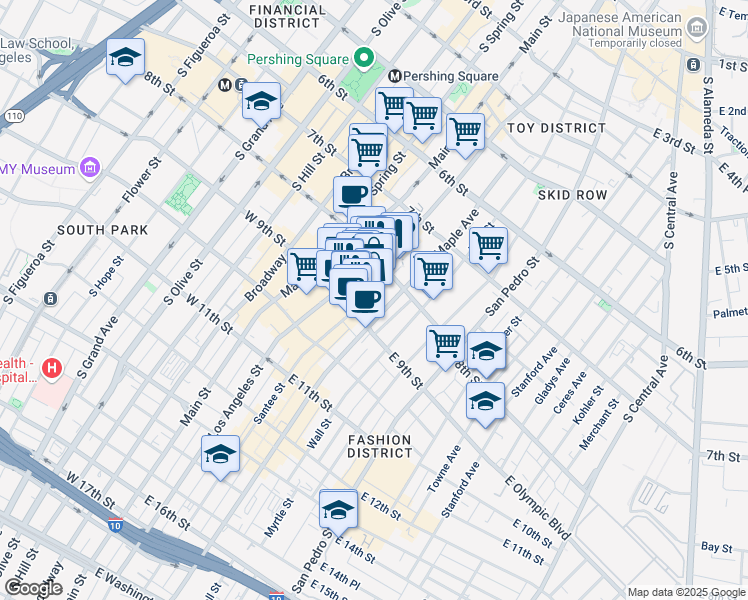 map of restaurants, bars, coffee shops, grocery stores, and more near 825 Santee Street in Los Angeles
