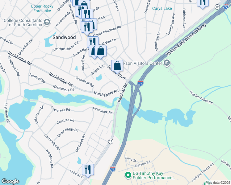 map of restaurants, bars, coffee shops, grocery stores, and more near 3417 Northshore Road in Columbia