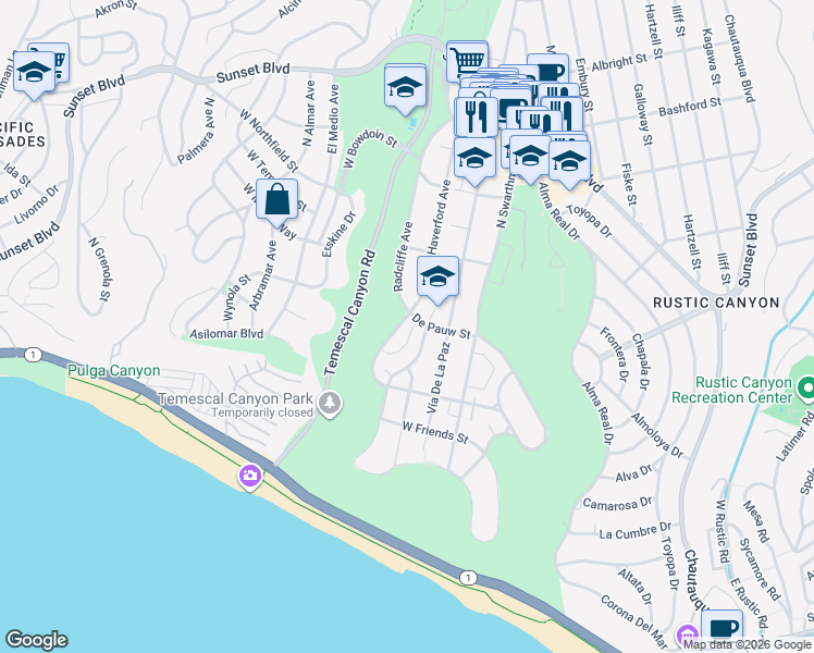 map of restaurants, bars, coffee shops, grocery stores, and more near 582 Radcliffe Avenue in Los Angeles
