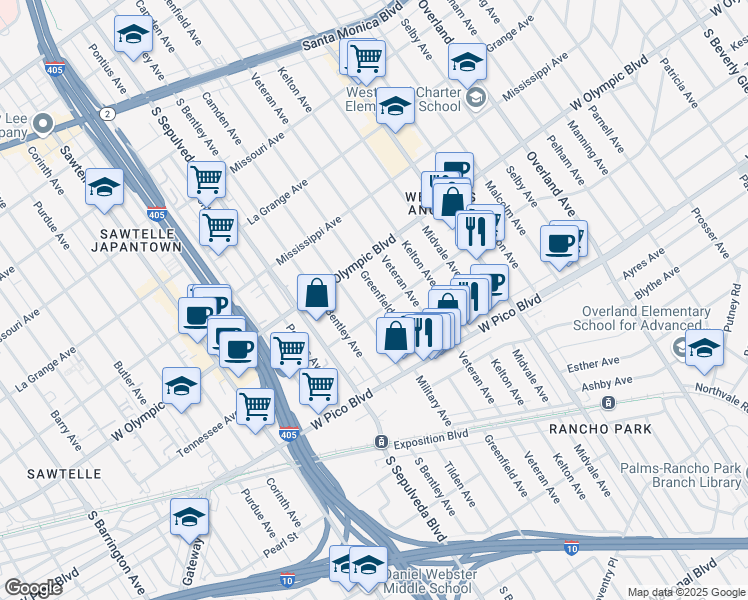 map of restaurants, bars, coffee shops, grocery stores, and more near 2243 Greenfield Avenue in Los Angeles