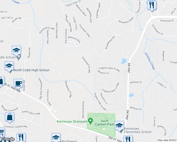 map of restaurants, bars, coffee shops, grocery stores, and more near 3149 Elmendorf Drive Northwest in Kennesaw