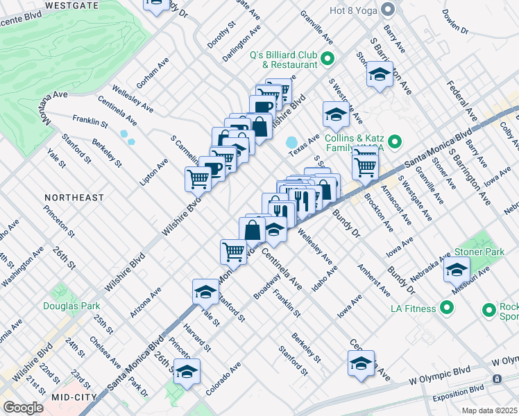 map of restaurants, bars, coffee shops, grocery stores, and more near 1320 South Carmelina Avenue in Los Angeles