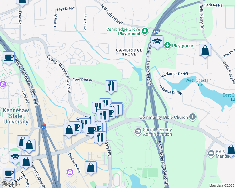 map of restaurants, bars, coffee shops, grocery stores, and more near 175 Townpark Drive in Kennesaw