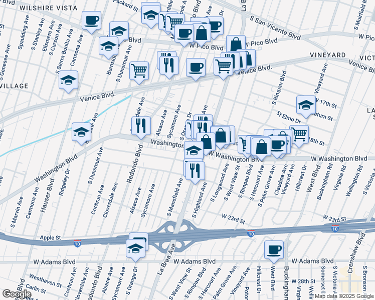 map of restaurants, bars, coffee shops, grocery stores, and more near 1863 South Mansfield Avenue in Los Angeles