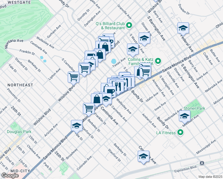 map of restaurants, bars, coffee shops, grocery stores, and more near 1402 Wellesley Avenue in Los Angeles