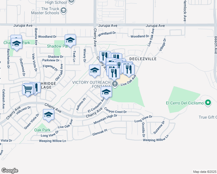 map of restaurants, bars, coffee shops, grocery stores, and more near 11650 Live Oak Avenue in Fontana
