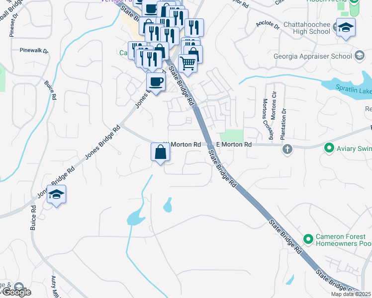 map of restaurants, bars, coffee shops, grocery stores, and more near 10640 Victory Gate Drive in Alpharetta