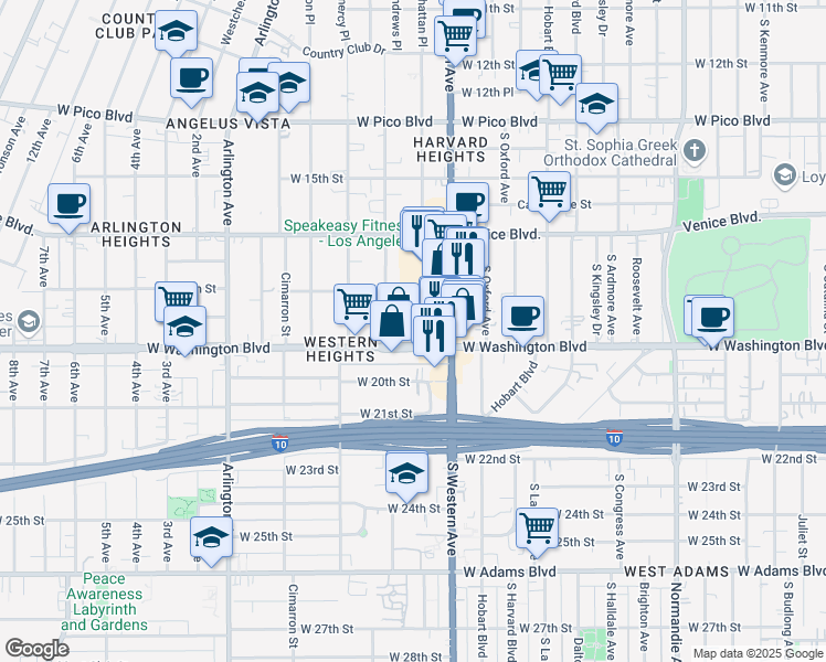 map of restaurants, bars, coffee shops, grocery stores, and more near 1841 South Manhattan Place in Los Angeles