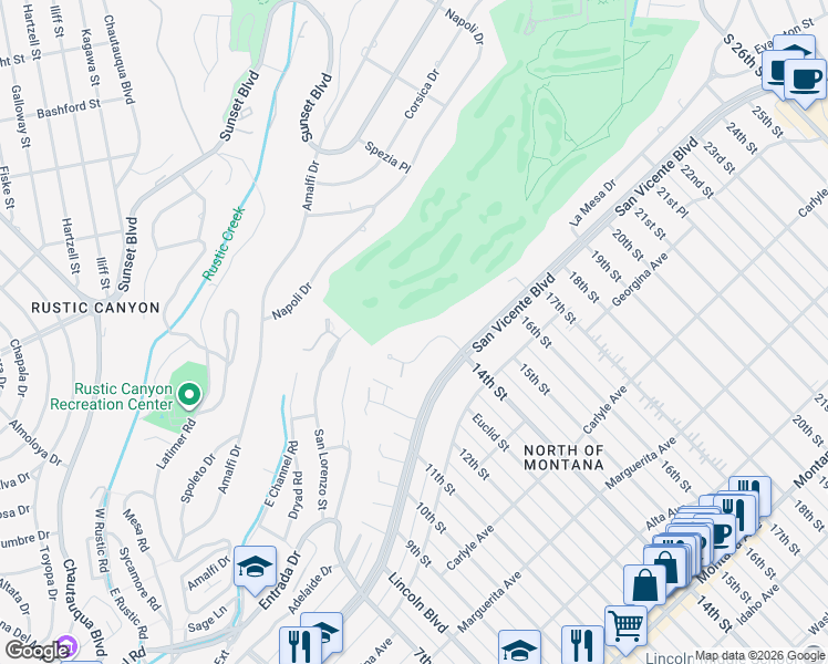 map of restaurants, bars, coffee shops, grocery stores, and more near 859 Woodacres Road in Santa Monica