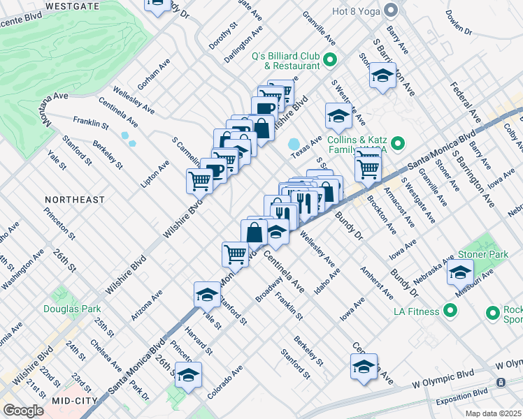 map of restaurants, bars, coffee shops, grocery stores, and more near 1322 Wellesley Avenue in Los Angeles