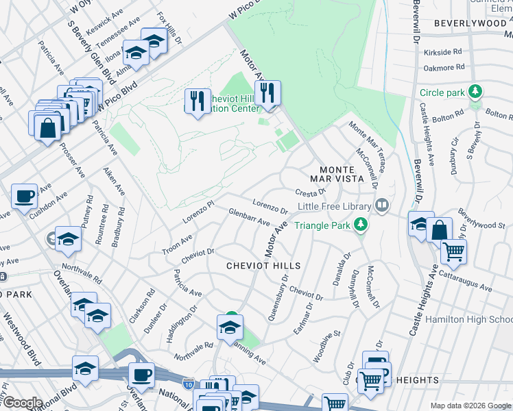 map of restaurants, bars, coffee shops, grocery stores, and more near 10350 Lorenzo Drive in Los Angeles