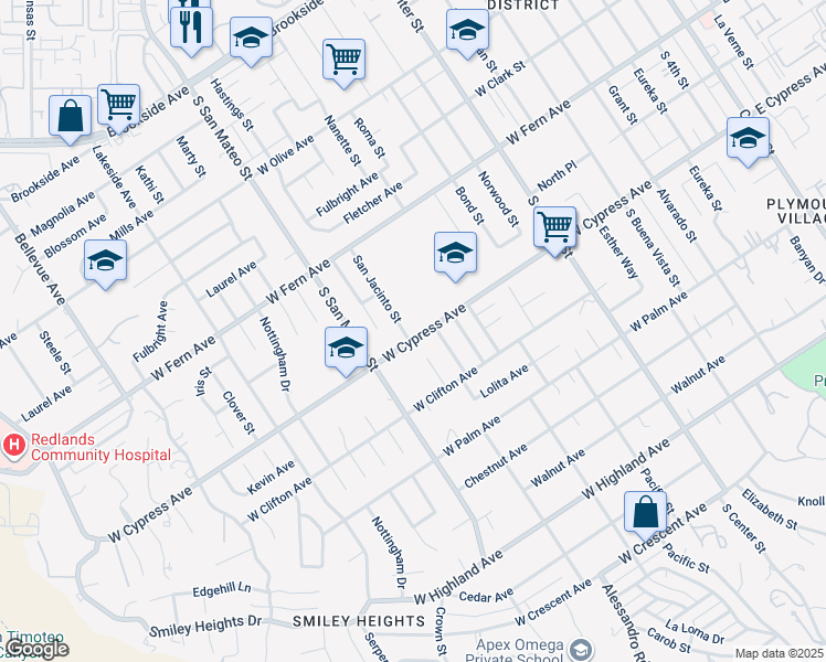 map of restaurants, bars, coffee shops, grocery stores, and more near 1044 West Cypress Avenue in Redlands