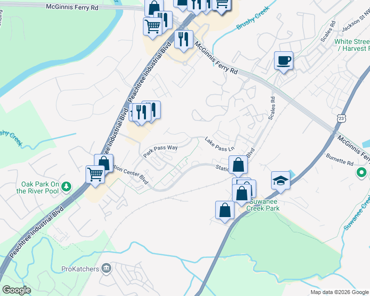map of restaurants, bars, coffee shops, grocery stores, and more near 1224 Park Pass Way in Suwanee