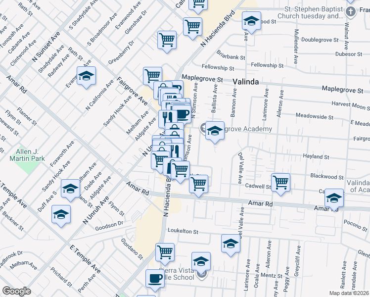 map of restaurants, bars, coffee shops, grocery stores, and more near 15426 Hayland Street in La Puente